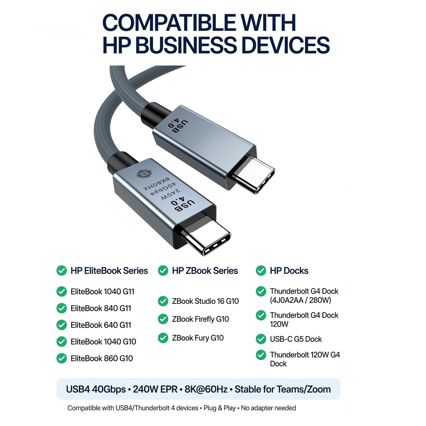 USB4 Cable for HP EliteBook & Thunderbolt G4 Dock - 40Gbps Stable for Business Meeting, 240W, 8K@60Hz