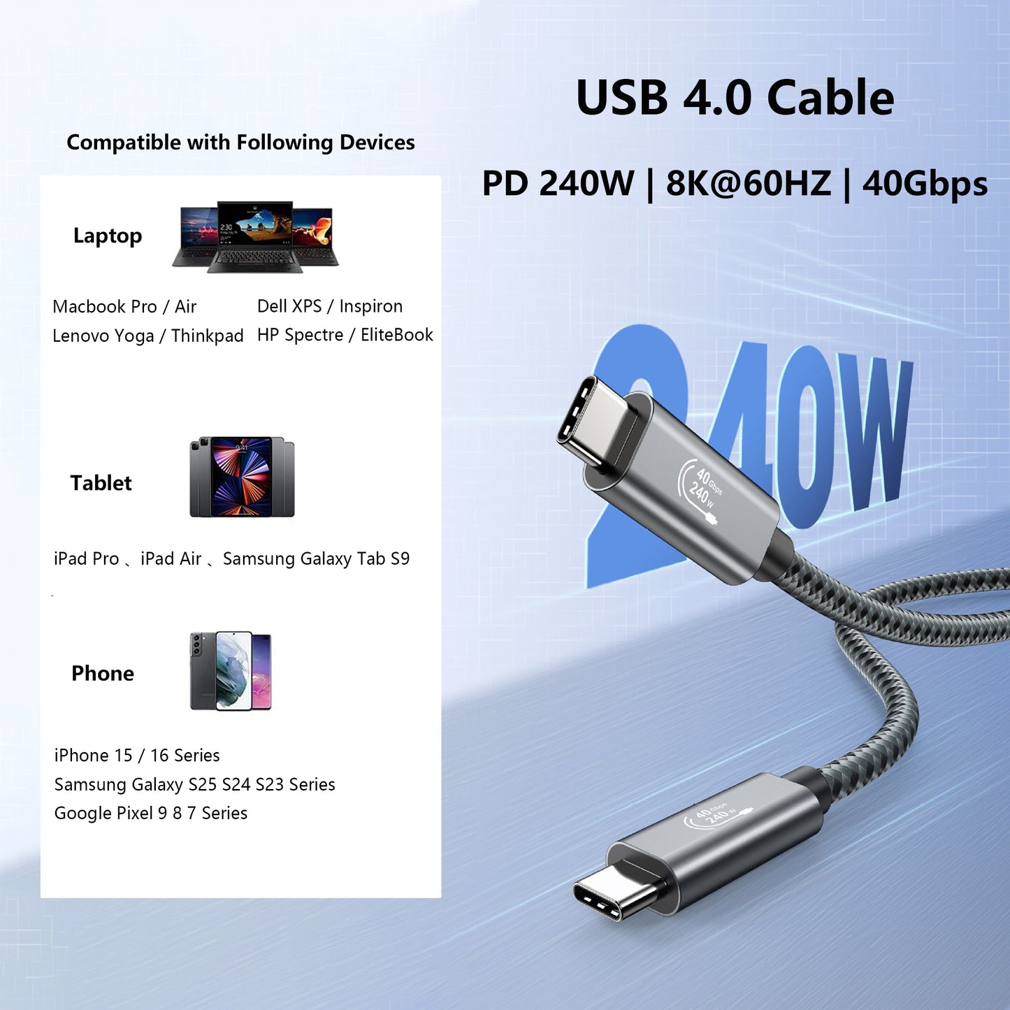 Pocxwa USB 4 Cable 240W Charger Cord
