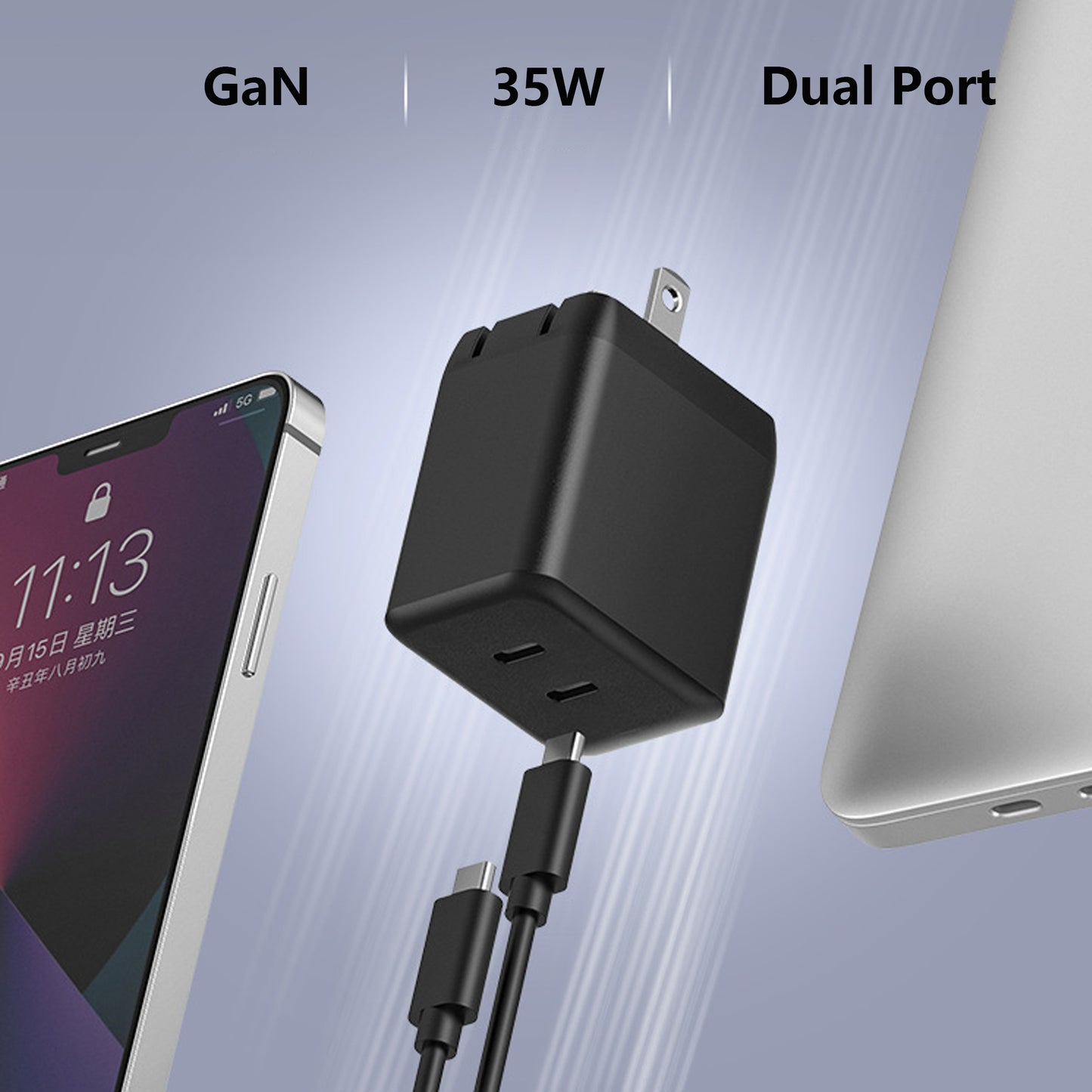 Pocxwa 35W Dual USB-C GaN Charger - Fast Compact Foldable Wall Charger for iPhone 15/14, iPad Pro