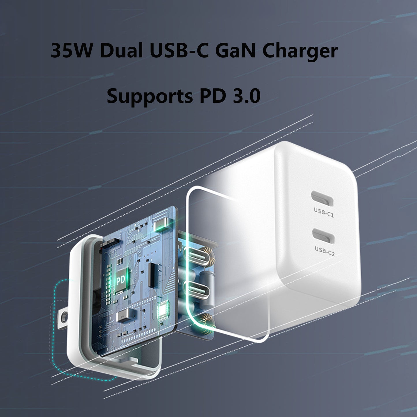 Pocxwa 35W Dual USB-C GaN Charger - Fast Compact Foldable Wall Charger for iPhone 15/14, iPad Pro