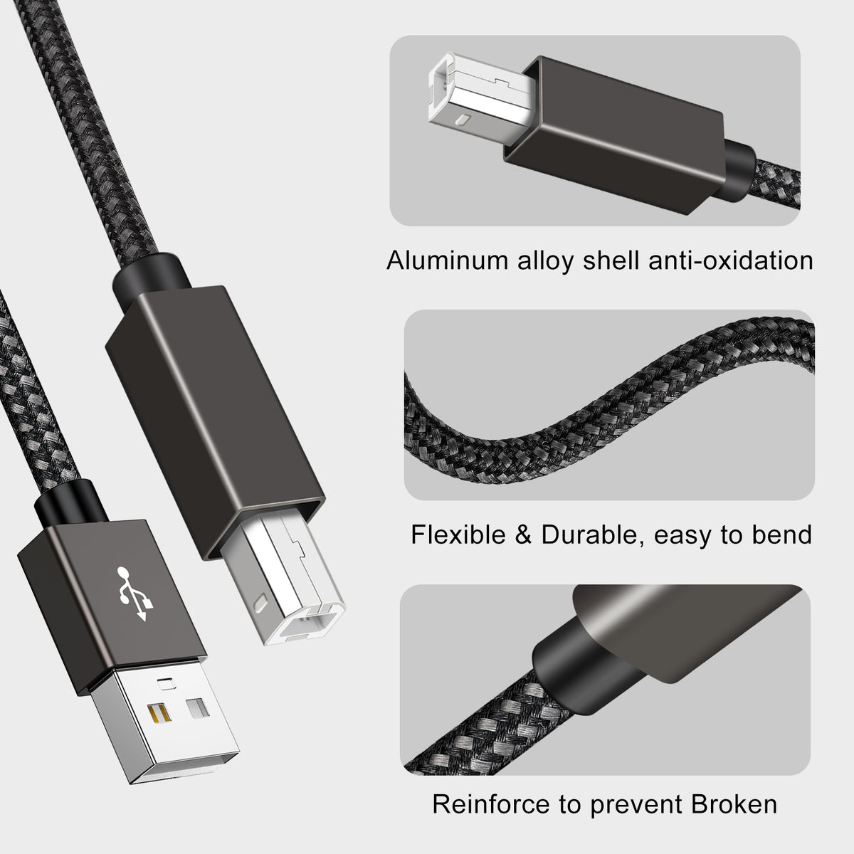 USB 2.0 A Male to B Male Braided Printer Cable - High-Speed Printer Cable Compatible with HP, Canon, Epson, Brother