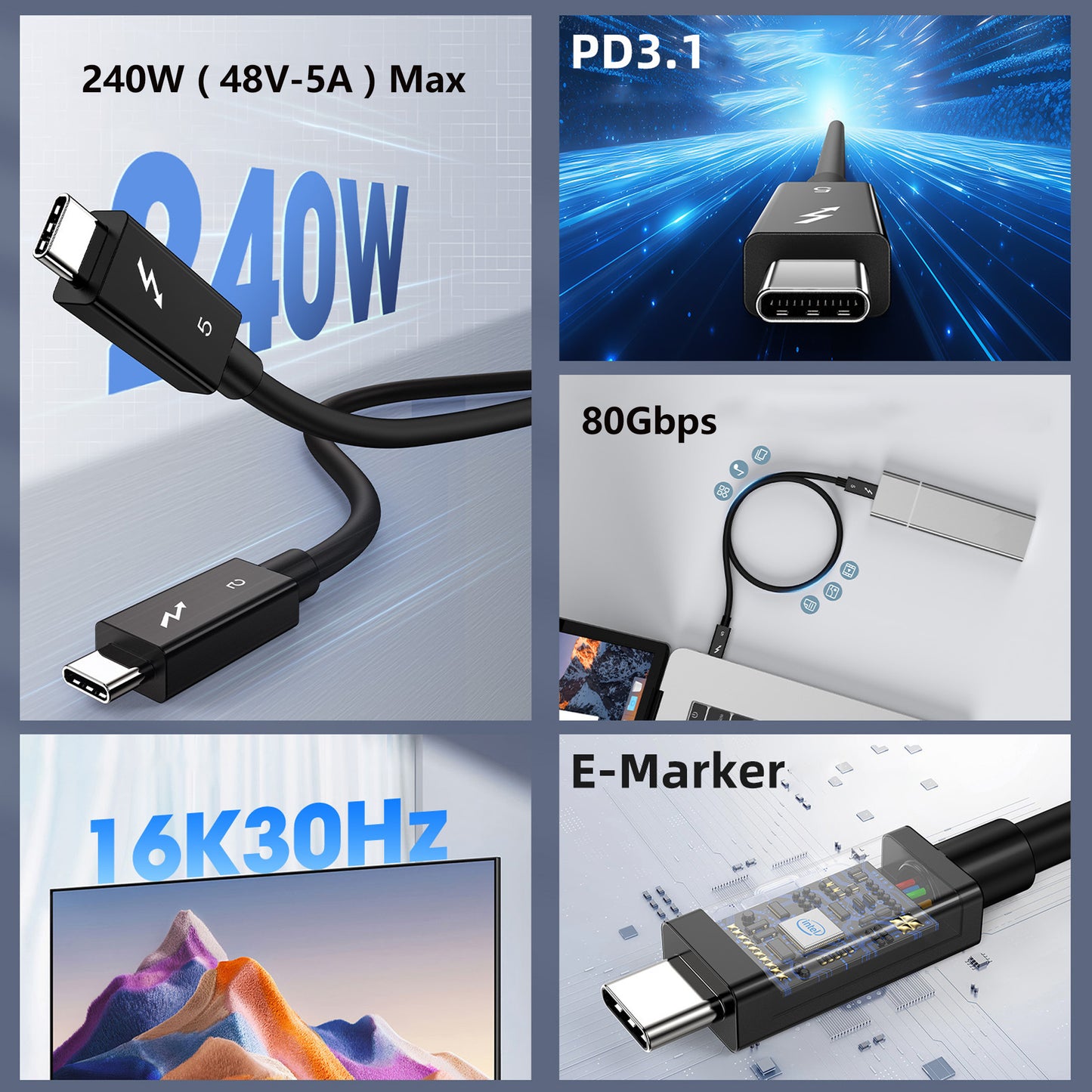 Thunderbolt 5 Cable for SSD Enclosure - 0.5m 1m 80Gbps 6000MB/s for Acasis Orico Enclosure, eGPU, 240W, 8K@120Hz - Non-Braided