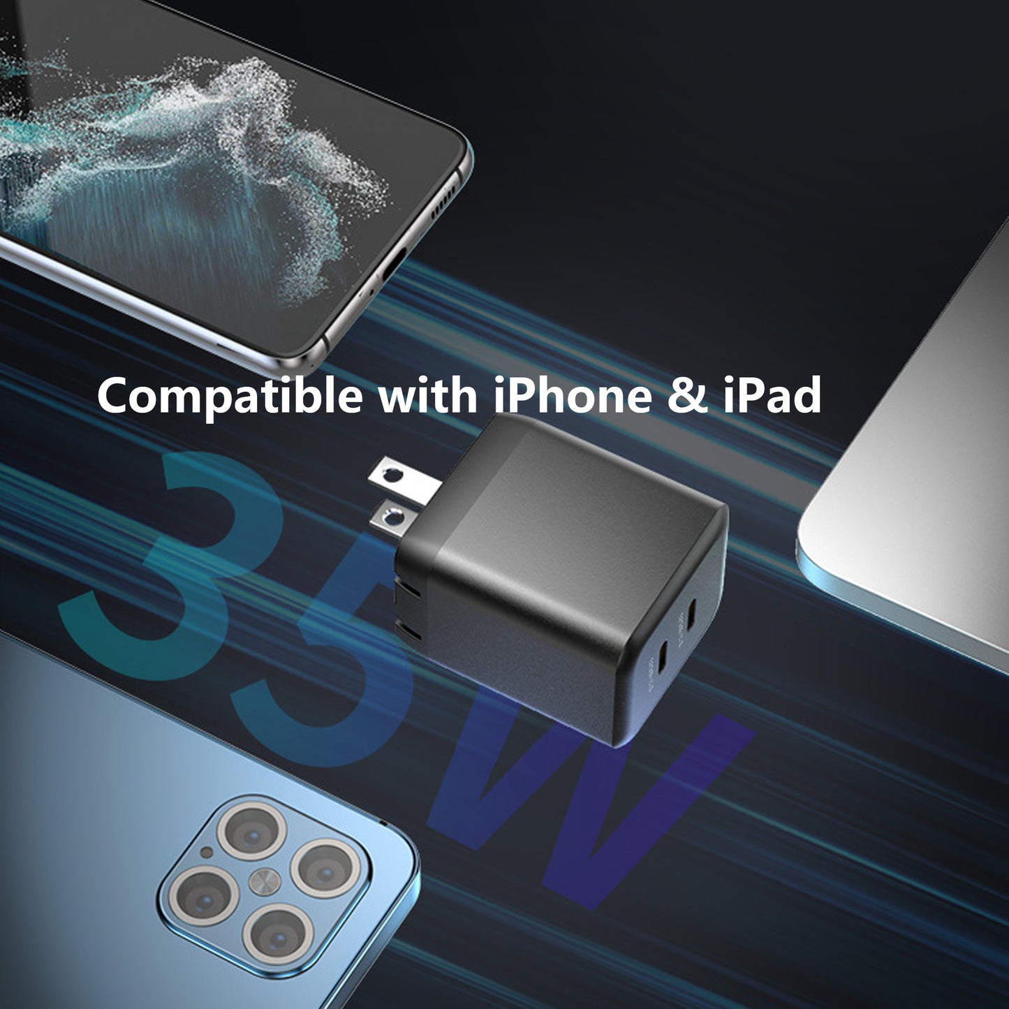 Pocxwa 35W Dual USB-C GaN Charger - Fast Compact Foldable Wall Charger for iPhone 15/14, iPad Pro