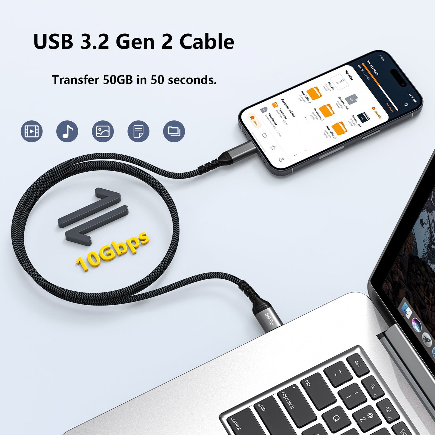 Pocxwa USB A to USB C Cable 10Gbps - Braided USB 3.2 Gen 2 60W Fast Charging Data Cable for Portable SSD, Hard Drive, Samsung T7