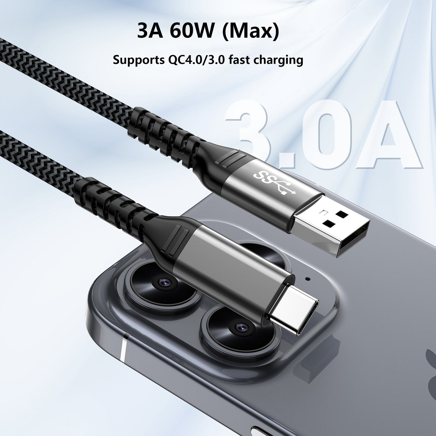Pocxwa USB A to USB C Cable 10Gbps - Braided USB 3.2 Gen 2 60W Fast Charging Data Cable for Portable SSD, Hard Drive, Samsung T7